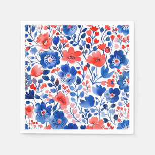 Servilleta De Papel Rojo, Blanco y Azul Floral Acuarela para Entreteni