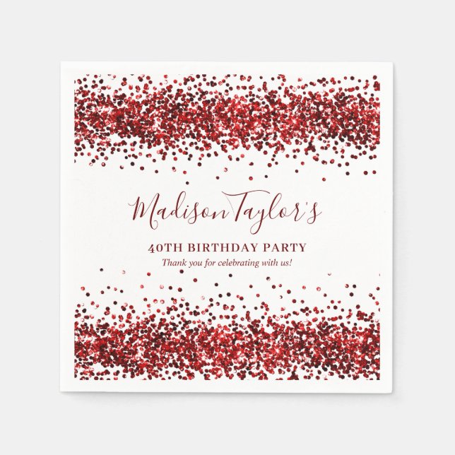 Servilleta De Papel Rojo Burdeos Glitter Sparkle Confeti Cumpleaños (Anverso)