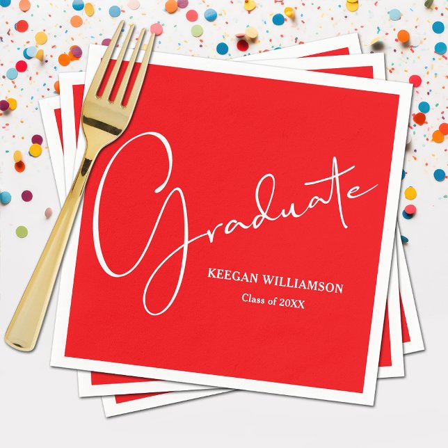 Servilleta De Papel Rojo de Graduación de Guión Moderno (Modern white script on red  graduation party napkins, paper plates in our store)