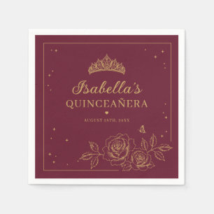 Servilleta De Papel Rojo Elegante Quinceañera Floral de Oro
