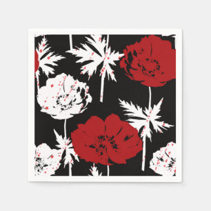 Servilleta De Papel Rojo, flores blancas en negro