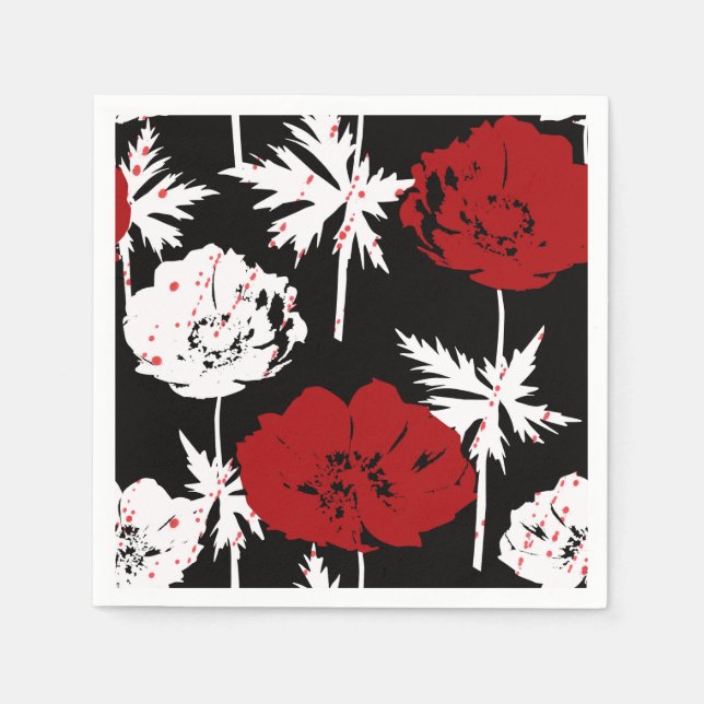 Servilleta De Papel Rojo, flores blancas en negro (Anverso)