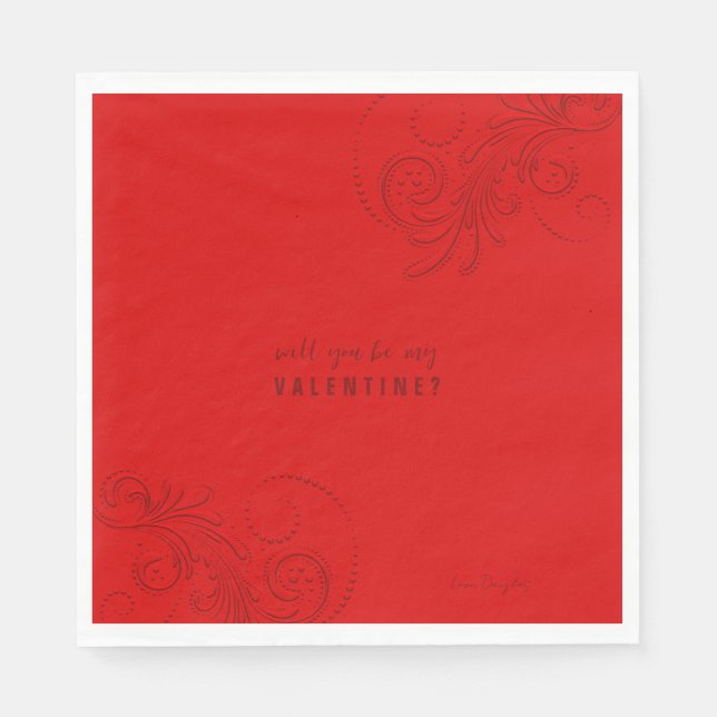 Servilleta De Papel Rojo Monocromático Swirls Serás Mi Valentín (Anverso)