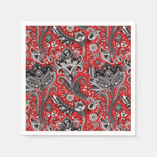 Servilleta De Papel Rojo Negro y Blanco Floral Paisley Bohemién Boho