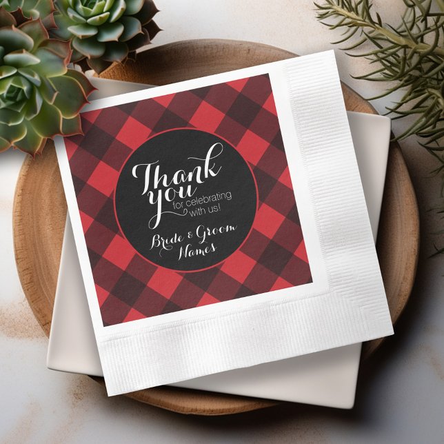 Servilleta De Papel Rojo Rústico Patrón de Cuadro Escocés de Búfalo Ne (Personalized Wedding Thank You Napkins)