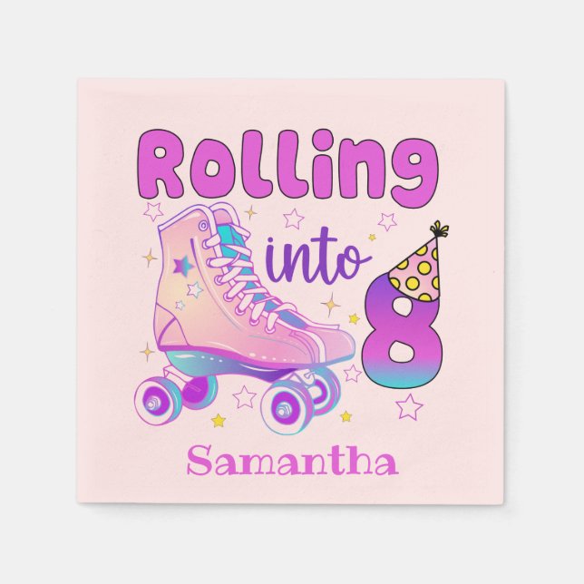 Servilleta De Papel Rolling Into 8 - Cute Purple Roller Skate Cumpleañ (Anverso)