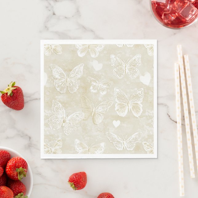 Servilleta De Papel Romantic Cream Ivory Butterflies Hearts Wedding (In situ)
