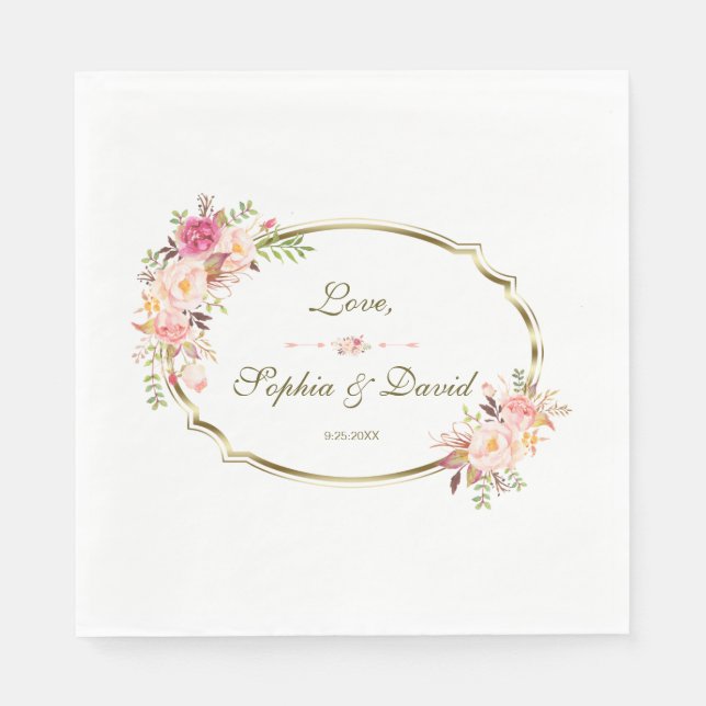 Servilleta De Papel Romántico Boda de marco dorado floral rosa Rubor (Anverso)