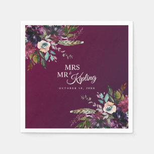 Servilleta De Papel Romántico Burgundy Floral Sr. y Sra. Boda