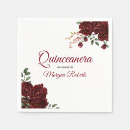 Servilleta De Papel Romántico Burgundy Rojo Rosa Floral Quinceanera