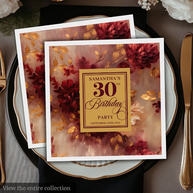 Servilleta De Papel Romántico Burgundy Rubor Gold Boho 30 cumpleaños (Romantic Burgundy Blush Gold Boho 30th Birthday)