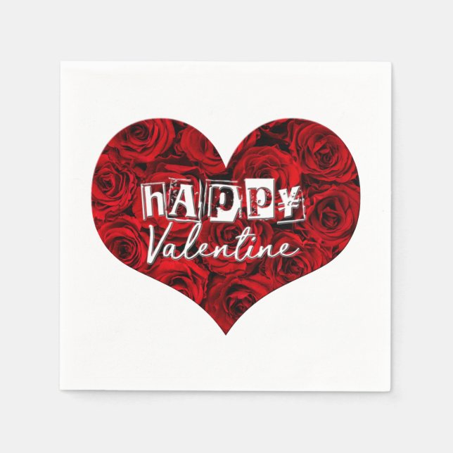 Servilleta De Papel Romántico Corazón Rojo Roses Floral Feliz Valentín (Anverso)