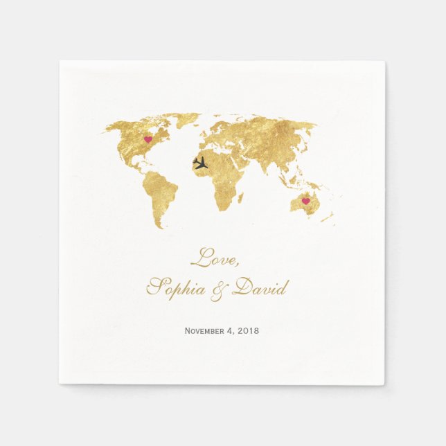 Servilleta De Papel Romántico Destino Boda Oro Mapa Mundial (Anverso)