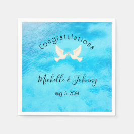 Servilleta De Papel Romántico - dos palomas con corazón rosado en azul