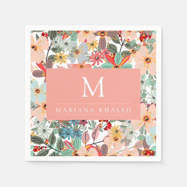 Servilleta De Papel Romántico Floral suave durazno verde rosa Clásico (Anverso)