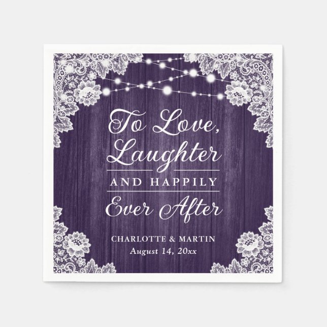 Servilleta De Papel Romántico Rústico Wood Lace Purple Boda (Anverso)