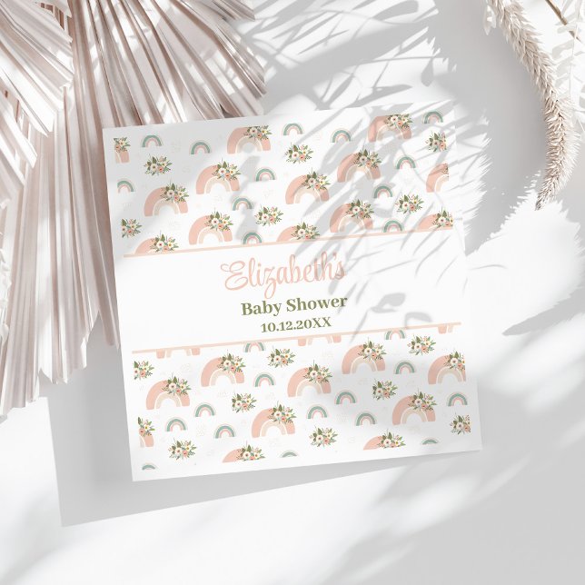 Servilleta De Papel Ropa Baby Shower arcoiris rosa floral (Pink Floral Rainbow Baby Shower Napkins on a sunny white table.)