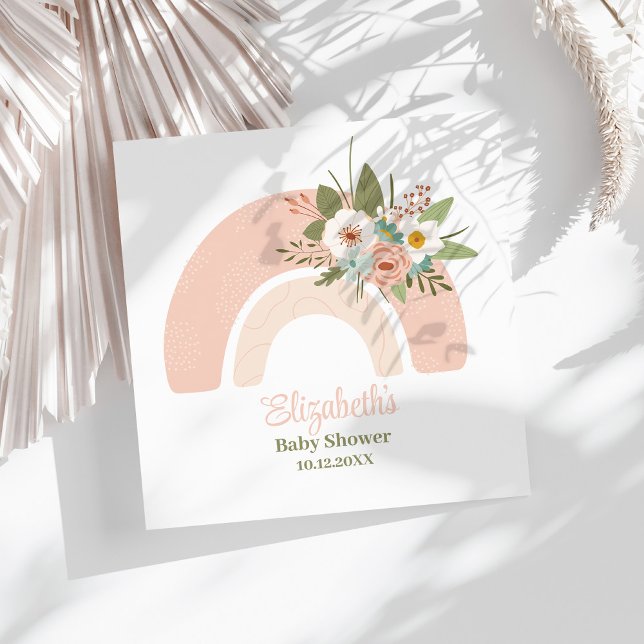Servilleta De Papel Ropa Baby Shower arcoiris rosa floral (Pink Floral Rainbow Baby Shower Napkins on a sunny white table.)