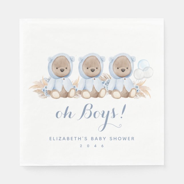 Servilleta De Papel Ropa Baby Shower de oso triplete de pampas azules (Anverso)