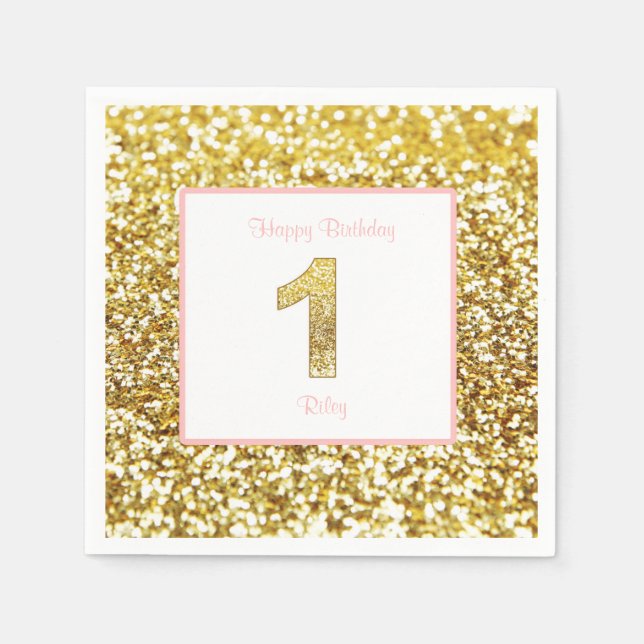 Servilleta De Papel Ropa de primer cumpleaños rosa y dorada (Anverso)