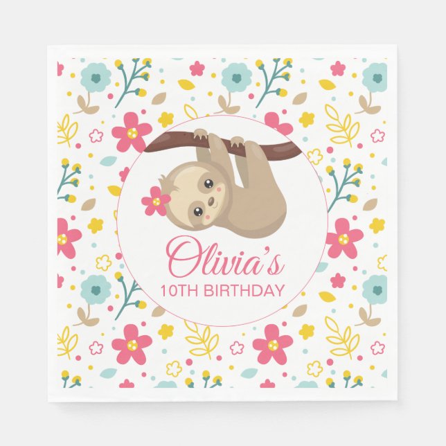 Servilleta De Papel Ropa del partido de cumpleaños Floral Sloth (Anverso)
