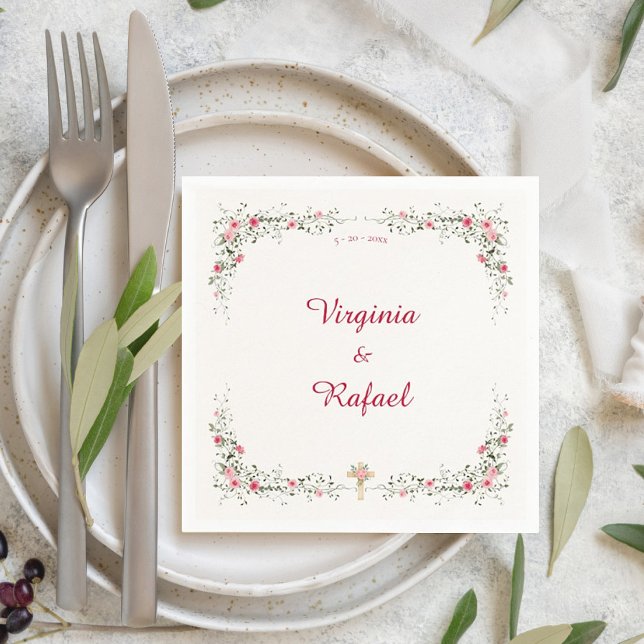 Servilleta De Papel Rosa acuarela Crema floral Boda cristiana (Rose Watercolor Floral Wedding Napkins with Cross, Cream Background and Elegant Red Font)