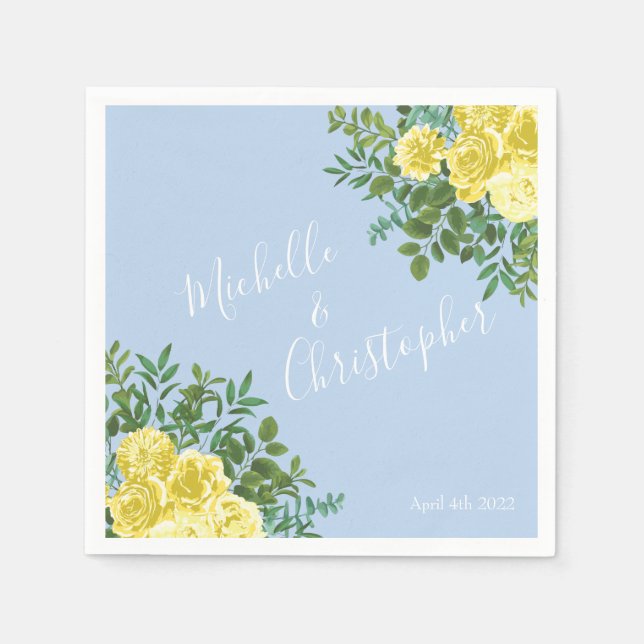 Servilleta De Papel Rosa amarillo claro y azul pálido Boda floral (Anverso)