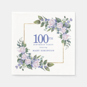 Servilleta De Papel Rosa Blanca Flor Azul Personalizada Cumpleaños 100