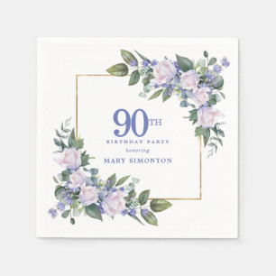 Servilleta De Papel Rosa Blanca Flor Azul Personalizada Cumpleaños 90