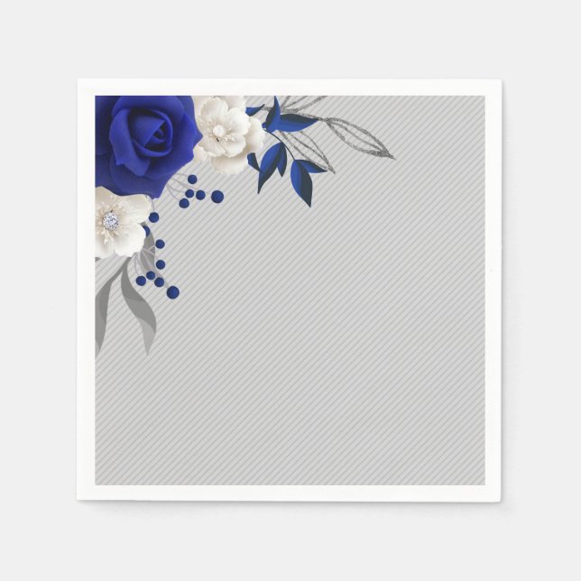 Servilleta De Papel rosa blanca flores grises boda azul real (Anverso)