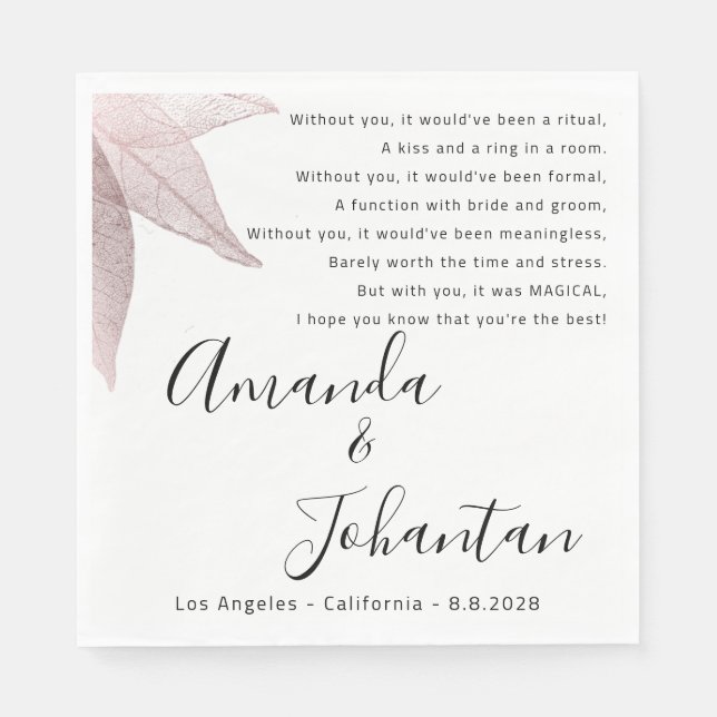 Servilleta De Papel Rosa boda Gracias Poem Floral Black White (Anverso)