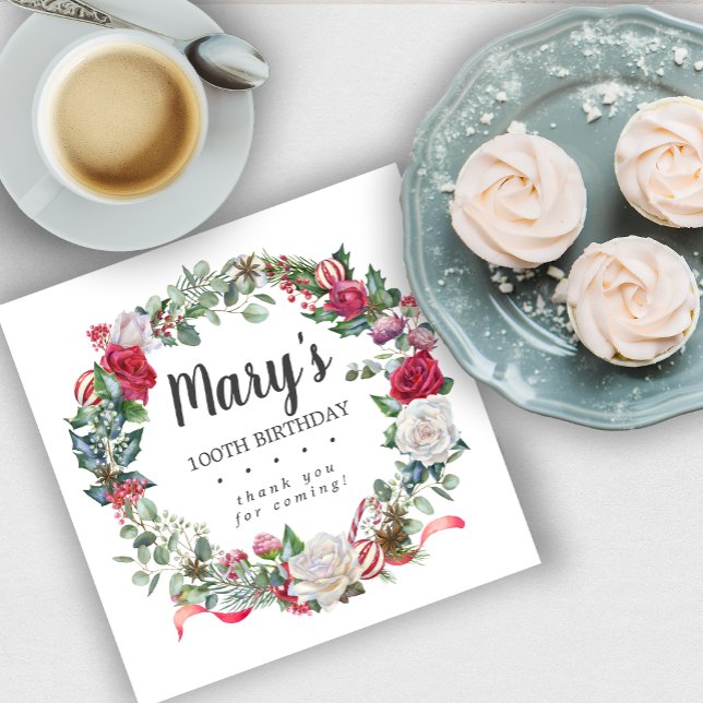 Servilleta De Papel Rosa botánico de invierno 100 cumpleaños elegante (Subido por el creador)