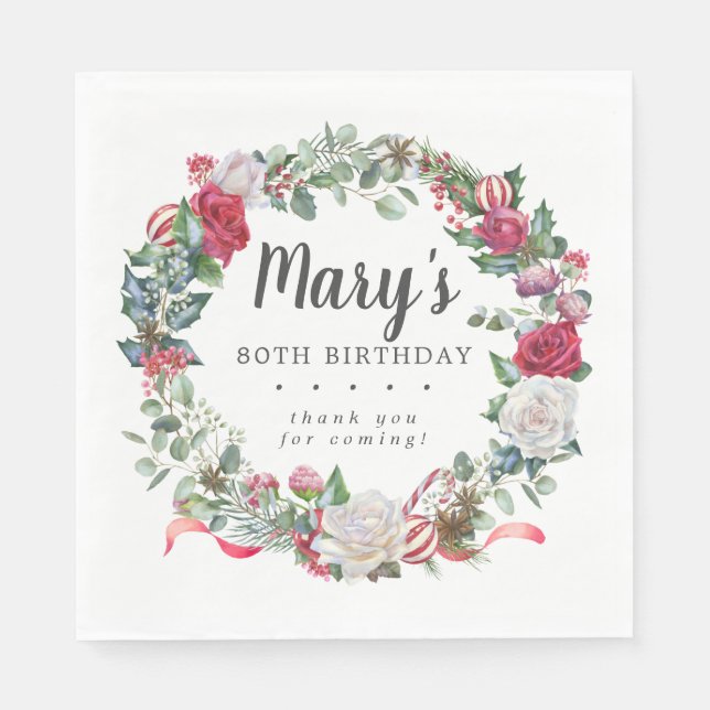 Servilleta De Papel Rosa botánico de invierno 80 cumpleaños elegante (Anverso)