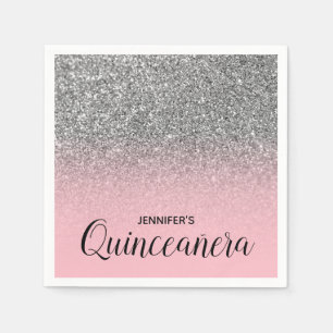 Servilleta De Papel Rosa Claro y Plata Purpurina Ombre Quinceañera