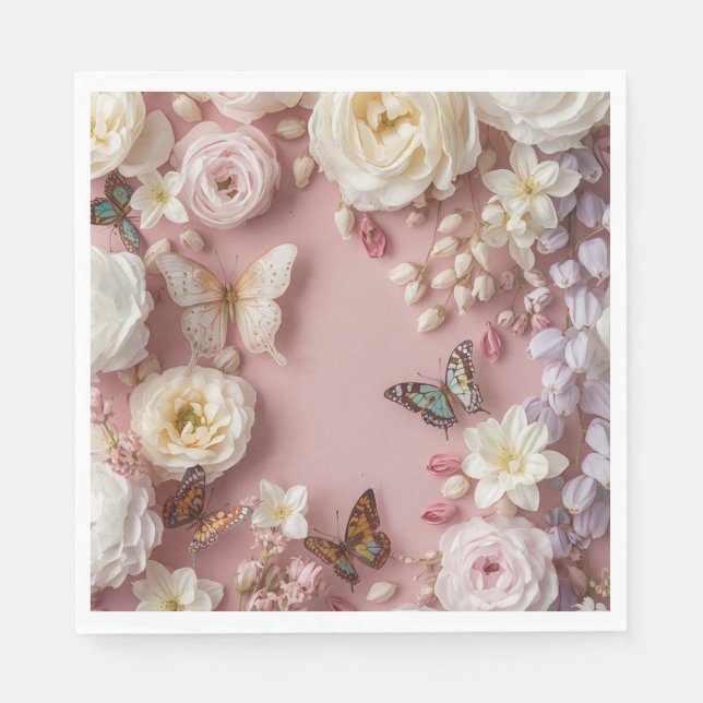 Servilleta De Papel Rosa con peonías y mariposas (Anverso)