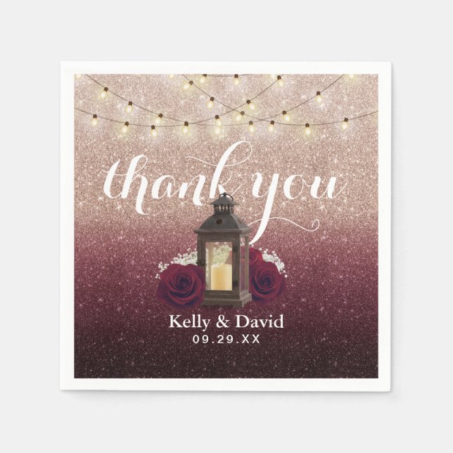 Servilleta De Papel Rosa de Borgoña Moderno Oro Boda Lantern (Anverso)
