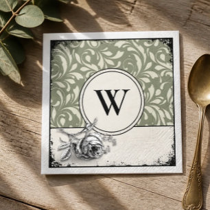 Servilleta De Papel Rosa de Damasco Verde Salvia Monograma Gótico