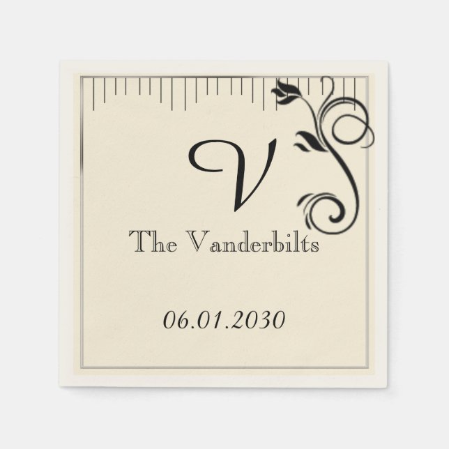 Servilleta De Papel Rosa de Deco francés en negro sobre Boda crema (Anverso)