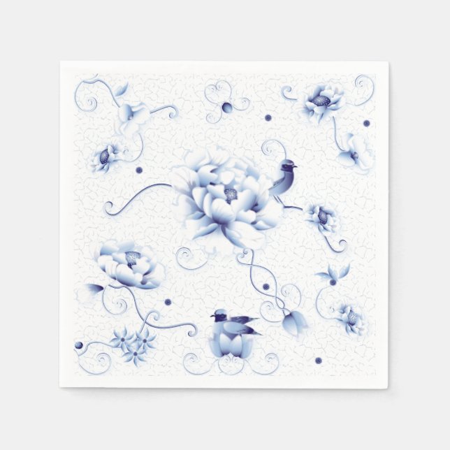 Servilleta De Papel Rosa de pájaro azul Chinoiserie Floral (Anverso)