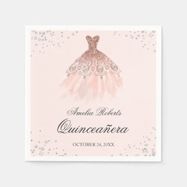 Servilleta De Papel Rosa De Vestido Espumoso Oro Quinceanera Napkin (Anverso)