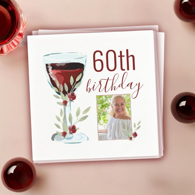 Servilleta De Papel Rosa de vino rojo acuarela foto 60 cumpleaños (Subido por el creador)