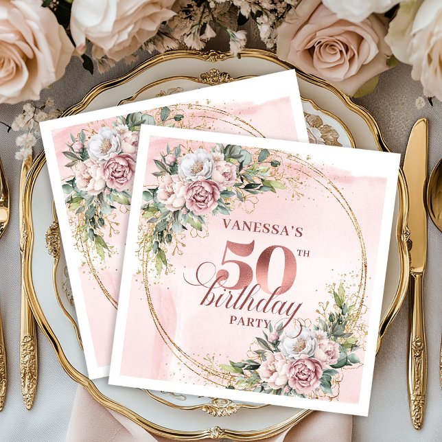 Servilleta De Papel Rosa Dorado Floral Cumpleaños 50 Blush  (Blooming Rose Gold Blush Floral 50th Birthday Dinner Napkins

)