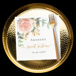 Servilleta De Papel Rosa dorado floral verde elegante Sweet 16