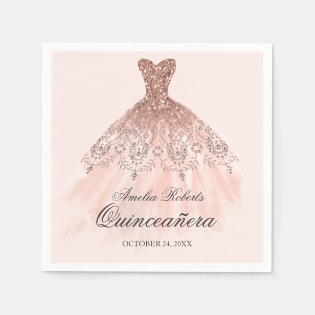 Servilleta De Papel Rosa Dorado Sparkle Vestido Quinceanera Napkin (Anverso)
