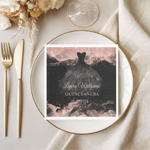 Servilleta De Papel Rosa Dorado y Princesa Negra Quinceañera