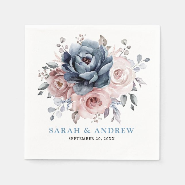 Servilleta De Papel Rosa Dusty Blue Mauve Boda Floral de pizarra rosa (Anverso)