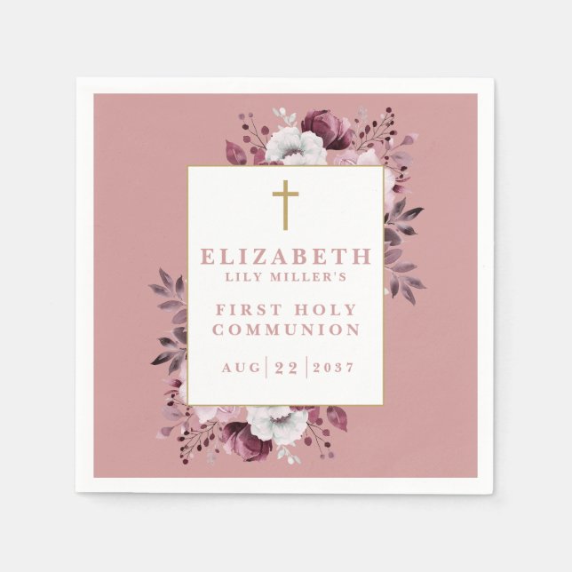 Servilleta De Papel Rosa Dusty Boho Floral Moderno Primera Comunión Sa (Anverso)