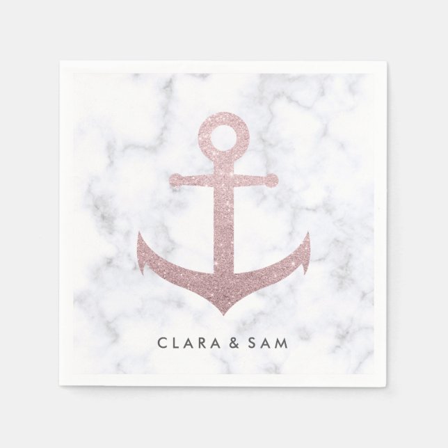 Servilleta De Papel Rosa elegante ancla purpurina dorada y mármol blan (Anverso)