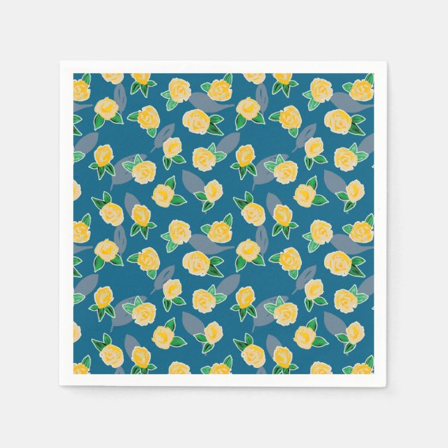 Servilleta De Papel Rosa floral amarillo en azul (Anverso)