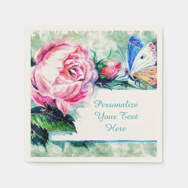 Servilleta De Papel Rosa Floral y mariposa acuática personalizada (Anverso)